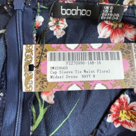 Boohoo Cap Sleeve Tie Waist Floral Hi-Lo Dress Navy Size 4 NWT - Picture 15 of 15